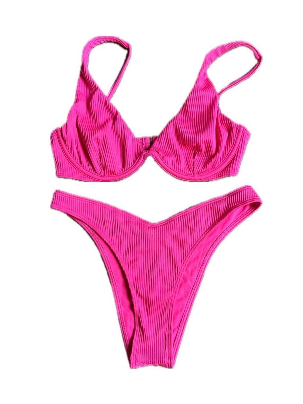 Hollister Swim Hot Pink Ribbed Two-Piece Plunge Top+ Cheekiest Bottom Bikini Set